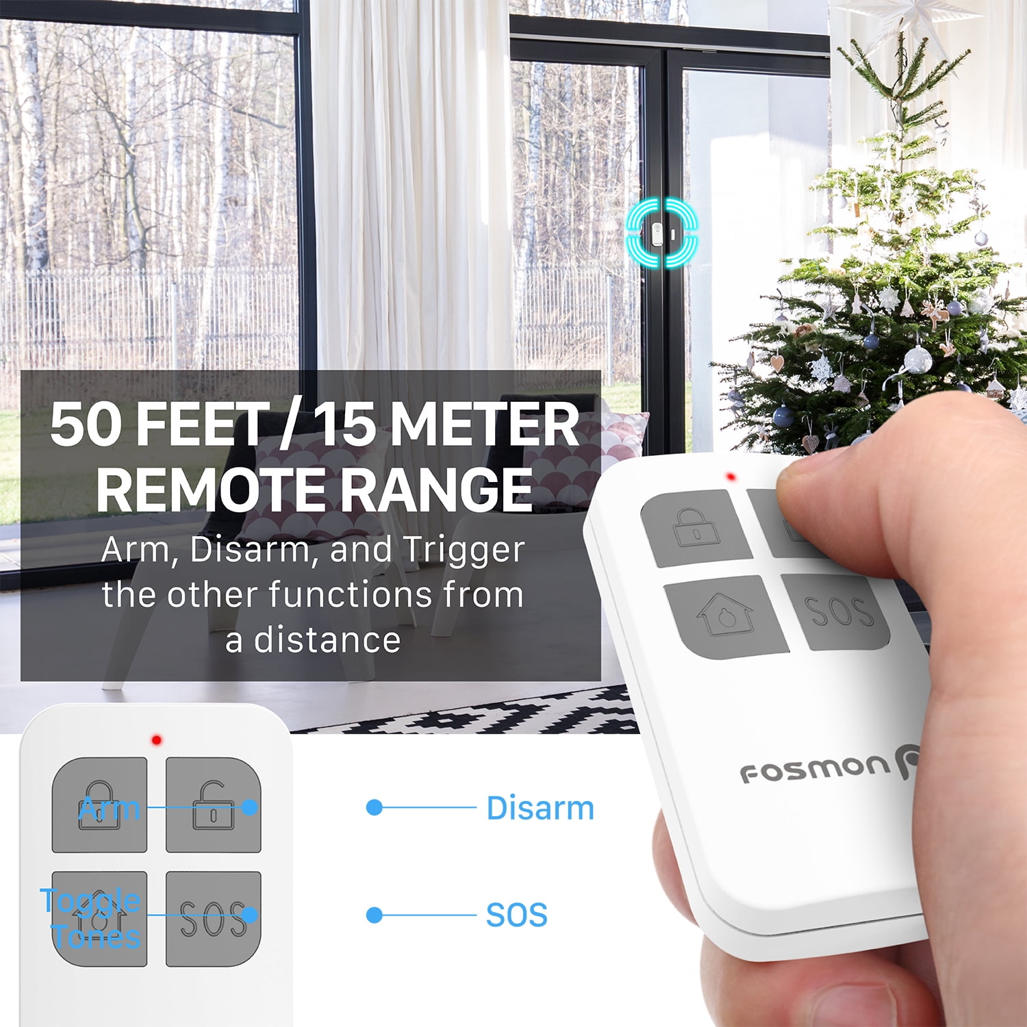 Fosmon 1x Wireless Contact Sensor Door Alarm For Home Security, Elderly, Kids, With 1x Battery Operated Remote Control, On/Off Window Doorbell Chime When Opened And Emergency Alerts SOS Button