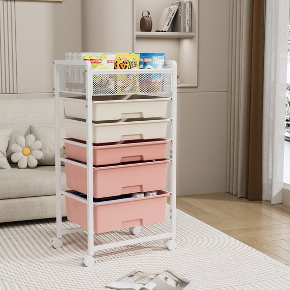 White 5-Tier Rolling Utility Cart with Diamond Mesh Top Drawer, Metal Storage Organizer Trolley with Wheels for Kitchen, Bathroom, Office (5 Drawers)