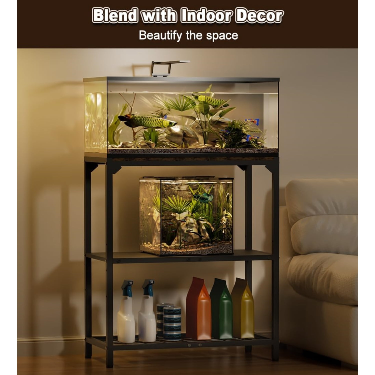 20-30 Gallon Aquarium Stand, Fish Tank Stand with Adjustable 3-Tier Storage Shelf, Heavy Duty Reptile Breeder Turtle Tank Terrarium Rack Table for Home Office, 30" L x 12" W x 32.2" H, Black