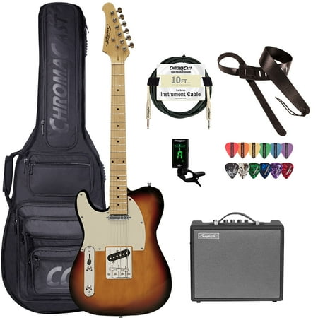 Sawtooth Left-Handed ET Series Electric Guitar Travel Bundle with Portable 10-Watt Amp, ChromaCast Pro Series Bag, Cable, Tuner & Picks, Sunburst
