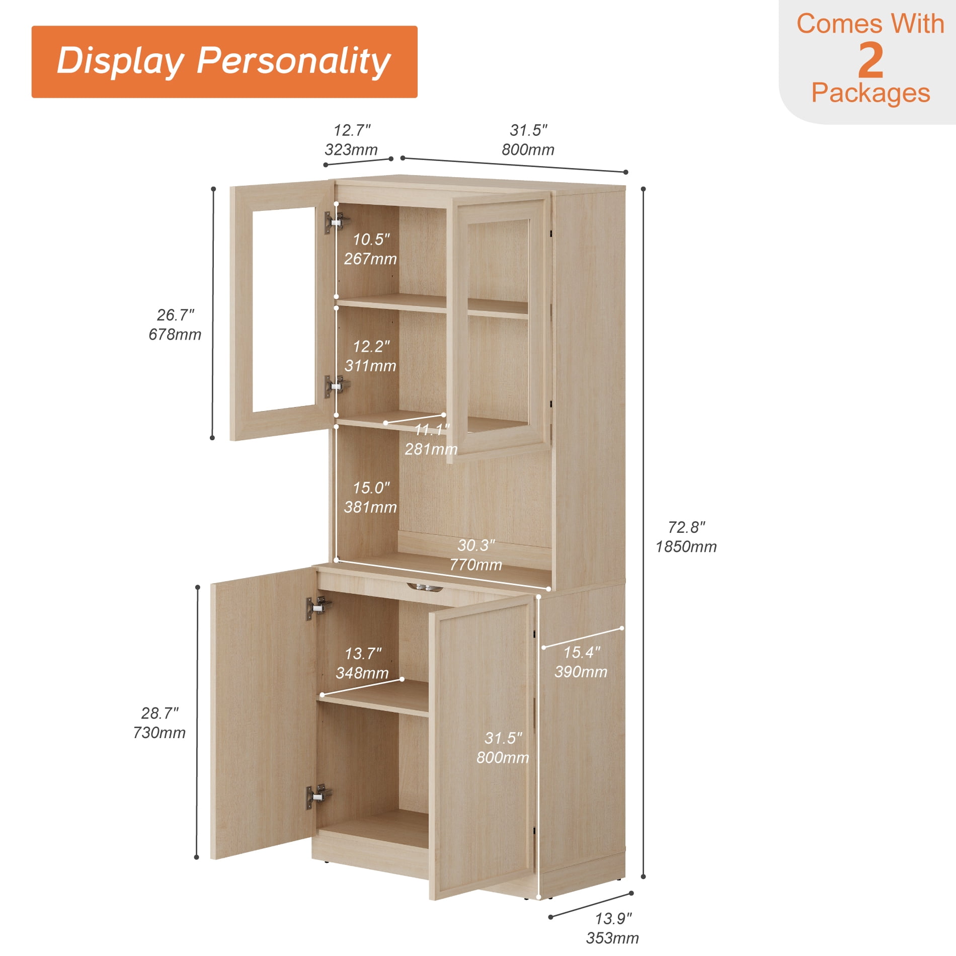 Modern Wood Sideboard Buffet with Glass Doors & Adjustable Shelves, 72" Tall Glass Display Storage Cabinet for Dining Kitchen,Beige