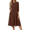 thumbnail image 2 of Huankd Dress for Women 3/4 Sleeve Crew Neck Pockets Vintage A-Line Swing Midi Dresses Brown M, 2 of 5