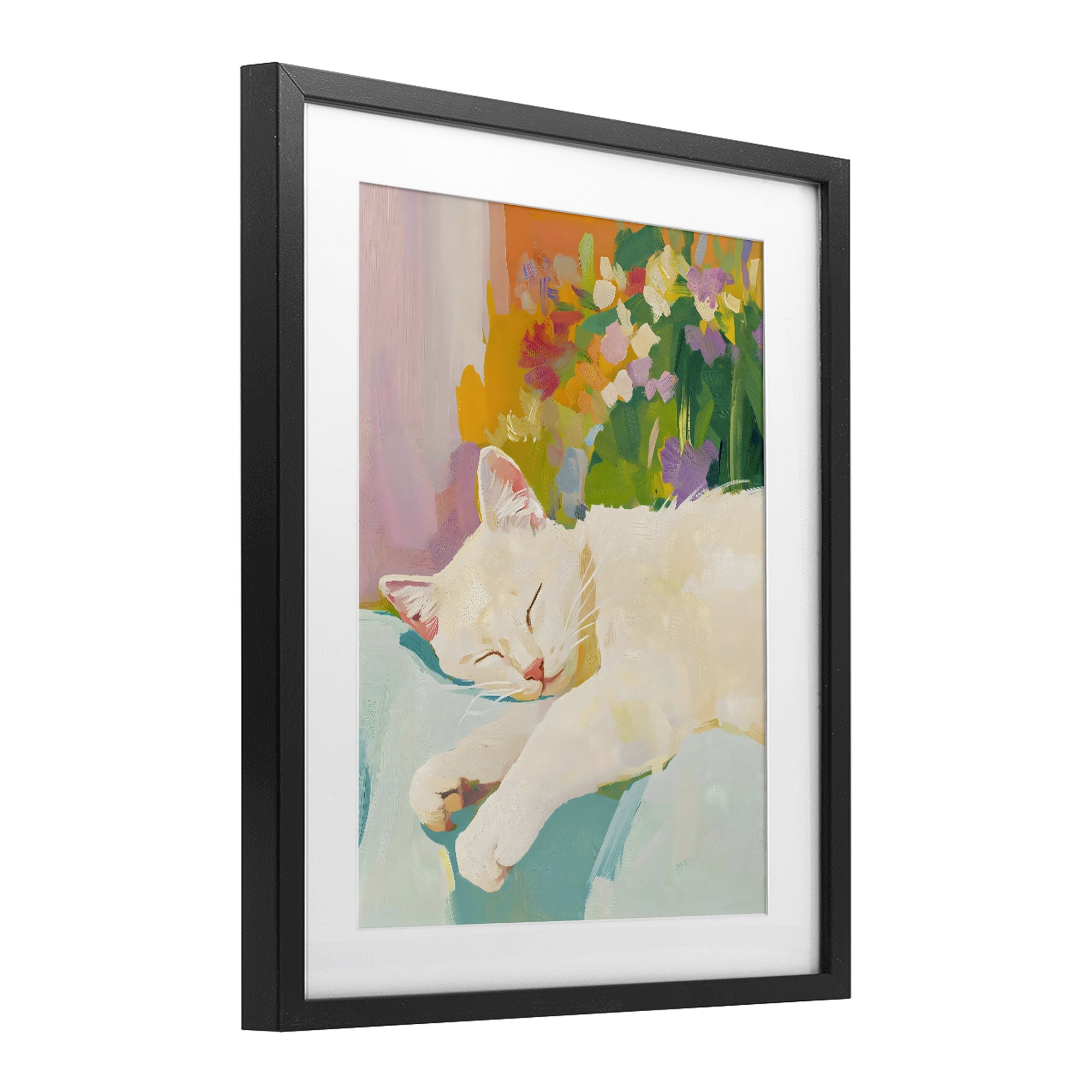 Stupell Industries Sleeping Cat with Flowers Black Framed Print Under Glass, design by The Prints Vibe