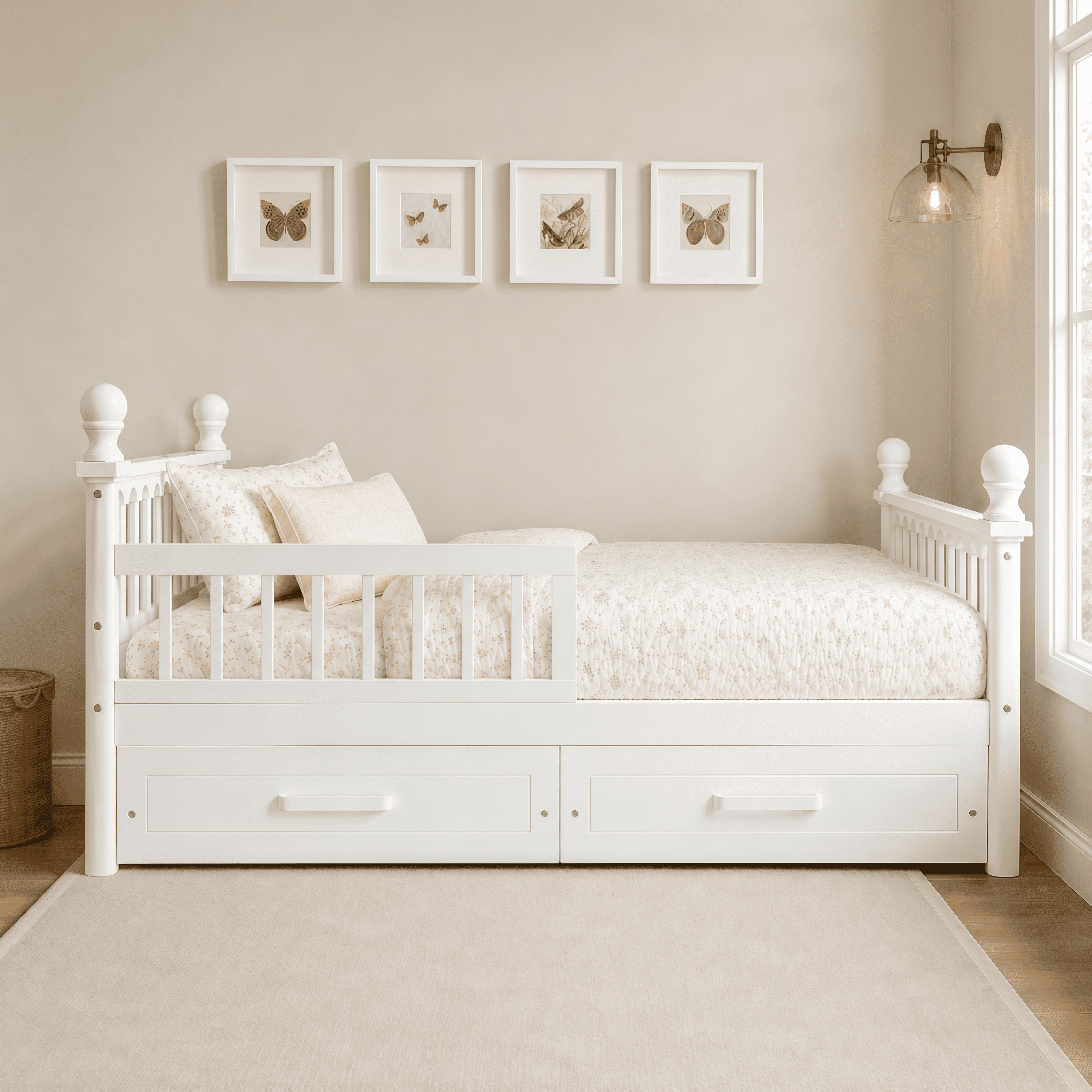 Euroco Wood Twin Size Platform Bed with Drawers, Low Profile Kids Bed with Safety Guardrails, No Box Spring Needed, White