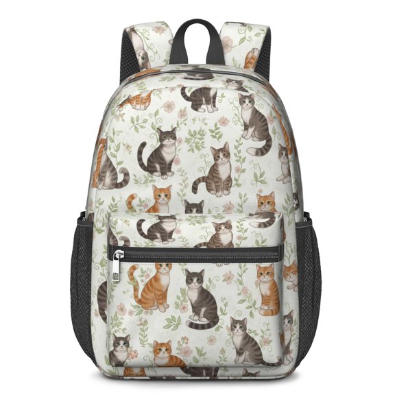 Multicolor Cat and Flower White Pattern 17" Waterproof Oxford School Backpacks for Teens, S-Shape Padded Straps, for School, Travel, Hiking, Camping
