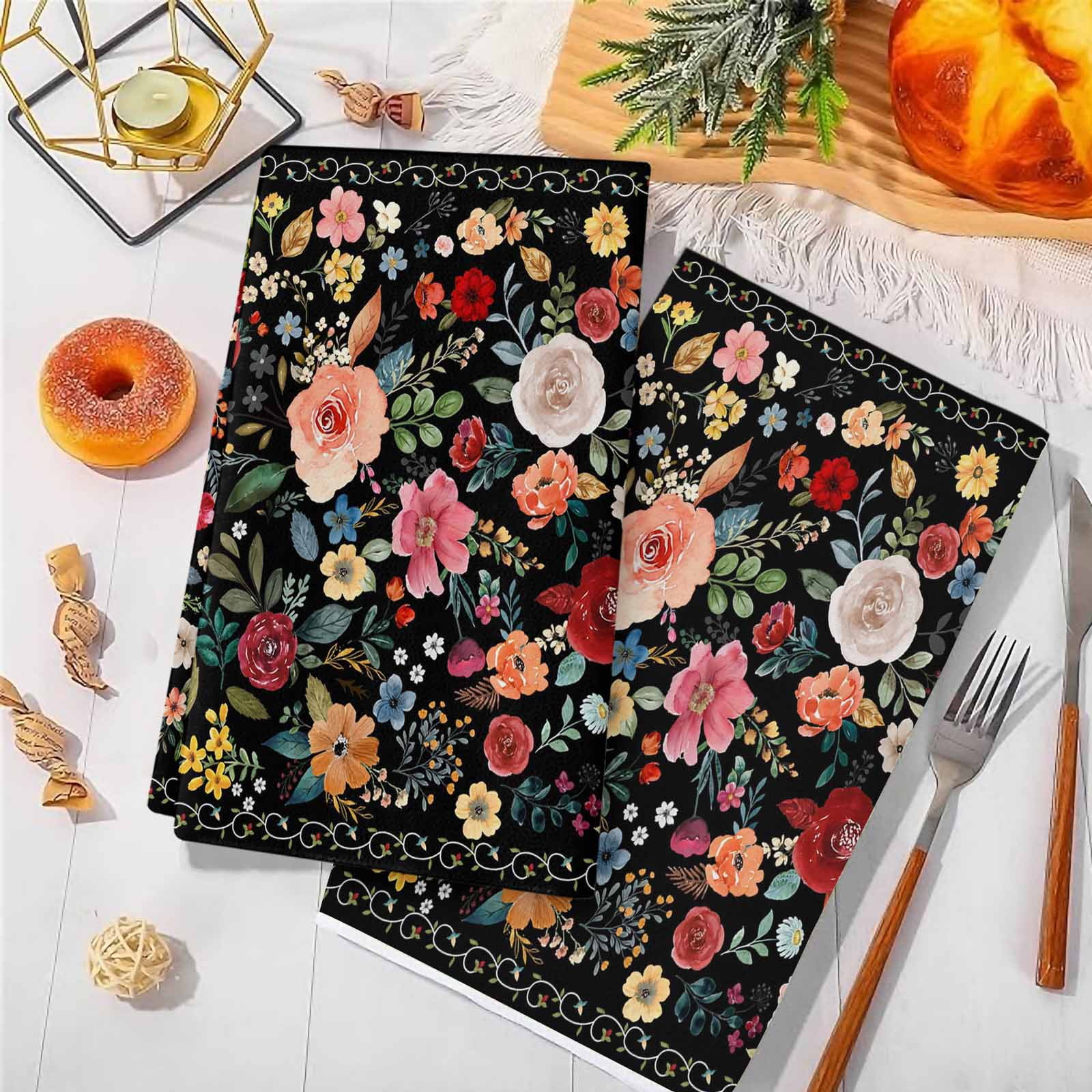 Dish Towels, Black Floral Absorbent Kitchen Towels 2 PCS, Farmhouse Vintage Flower Microfiber Hand Towels Dish Cloths Tea Towels for Home&nbsp;Bathroom Cleaning Drying,18X28-Inch,