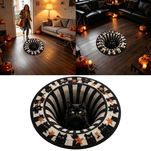 Halloween 3D Optical Illusion Rug, Round Black Cat Vortex Floor Mat with Non-Slip Backing and Soft Fabric Surface for Bedroom, Entryway, Living Room, Dorm or Party Decor