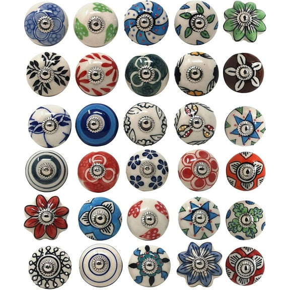 Ajuny Set of 30 Ceramic Knobs Multicolor Floral Design Door Handle Dresser Drawers Kitchen Cabinet Chest Hand Painted Cupboard Pulls Knob