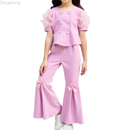 Zecgelong Girls Summer Top With Bow Tie And Flared Pants For Party Performance Evening Occasion Formal Wear Outfits Girls 2 Piece Sets Age 3-4 Years