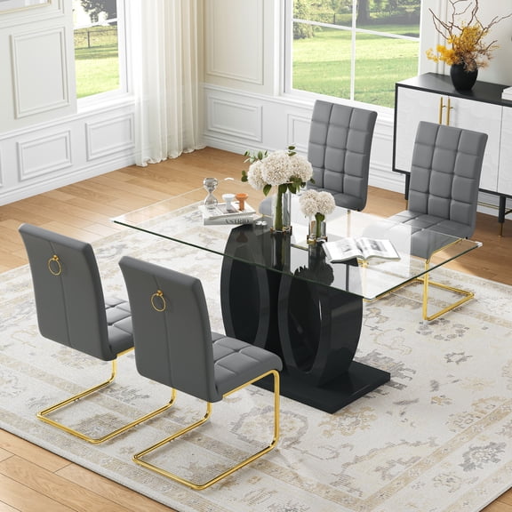 5-Piece Dining Table Set, 63" Modern Rectangular Tempered Glass Table with Double O-Shape Base & 4 PU Cantilever Chairs with Stainless Steel Legs, Dining Set for Kitchen, Office