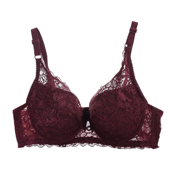 XFLWAM Women's Push Up Sexy Lace Bra Comfort Non Padded Full Coverage Underwire Unlined Bra Plus Size Bralette Wine Red L
