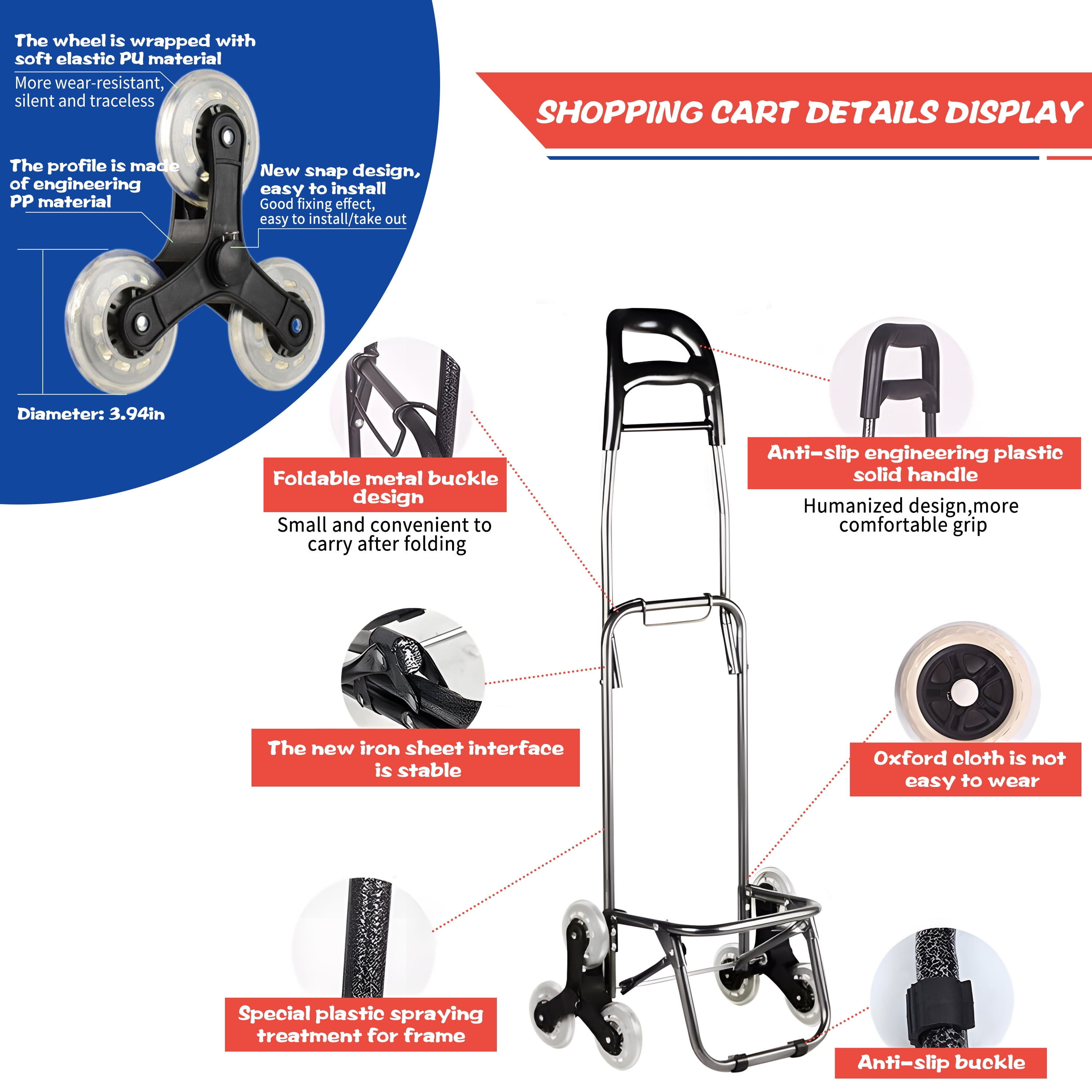 WZCPCV Foldable Stairs Climber Shopping Cart, Grocery Cart on Wheels,Heavy Duty Utility Cart Trolley, 2-in-1 Tri-Wheels Climbing Carts with Detachable Oxford Bag,Blue