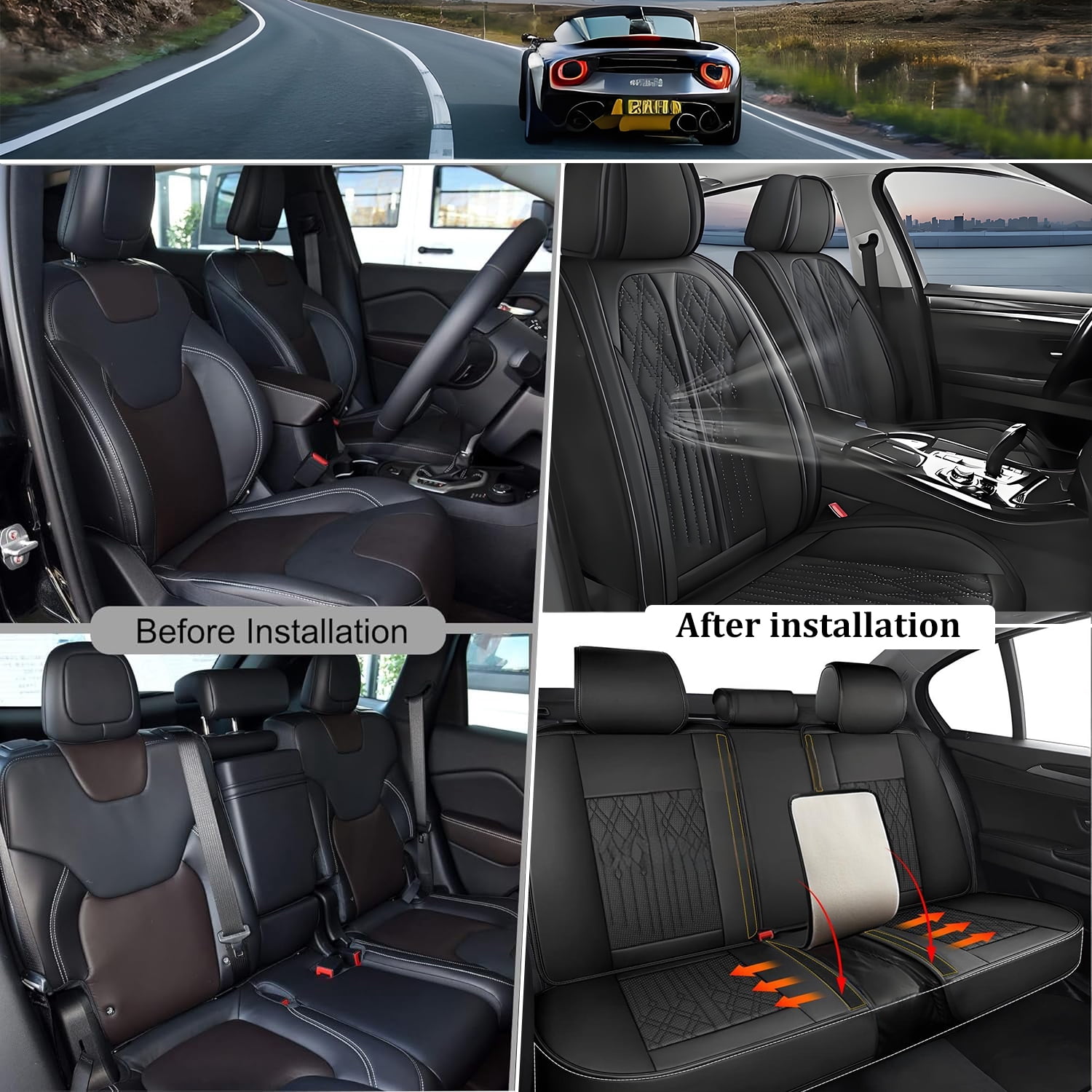 BaiCH Car Seat Covers, Breathable and Waterproof Faux Leather Automotive Seat Covers for Cars SUV Truck Sedan,Universal Anti-Slip Driver Seat Cover with Backrest (Full Seat, Black)