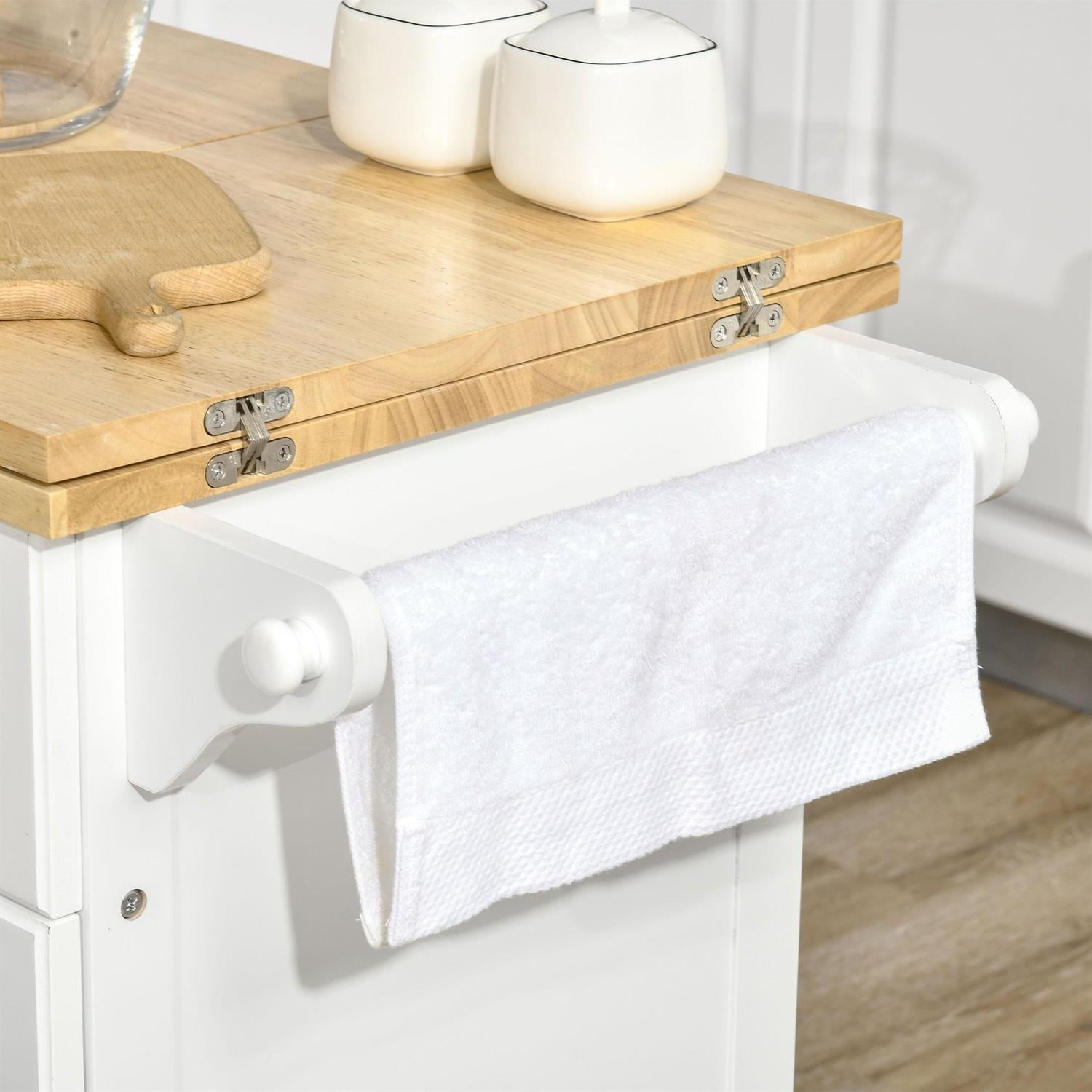 Demi Bonn 47" Kitchen Island with Drop Leaf Design, Trolley Cart & Wheels, Drawer Cabinet & Towel Rack, Natural Wood Top & White Finish for Modern Homes