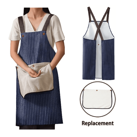 HonorHut Chef Kitchen Apron with 2  Hand Towels Works Unisex Bib Apron Waterproof Striped Pinafore with Pockets  Blue