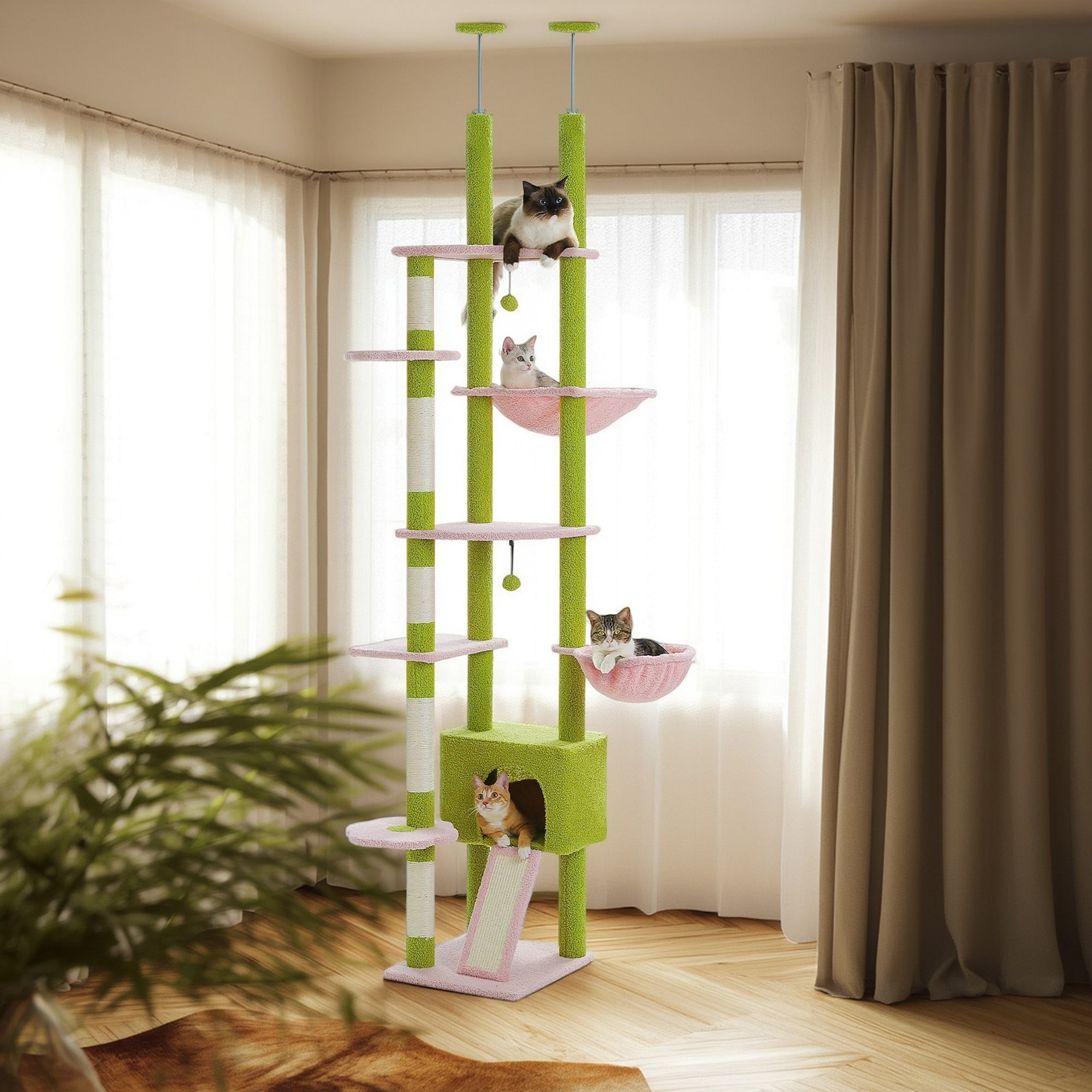 Kadyn Adjustable Height(85-112 in) Cat Tree Tower Floor to Ceiling with 7 Tiers Cat Climbing Activity Center, Cozy Hammocks, 5 Platforms for Indoor Cats, Green