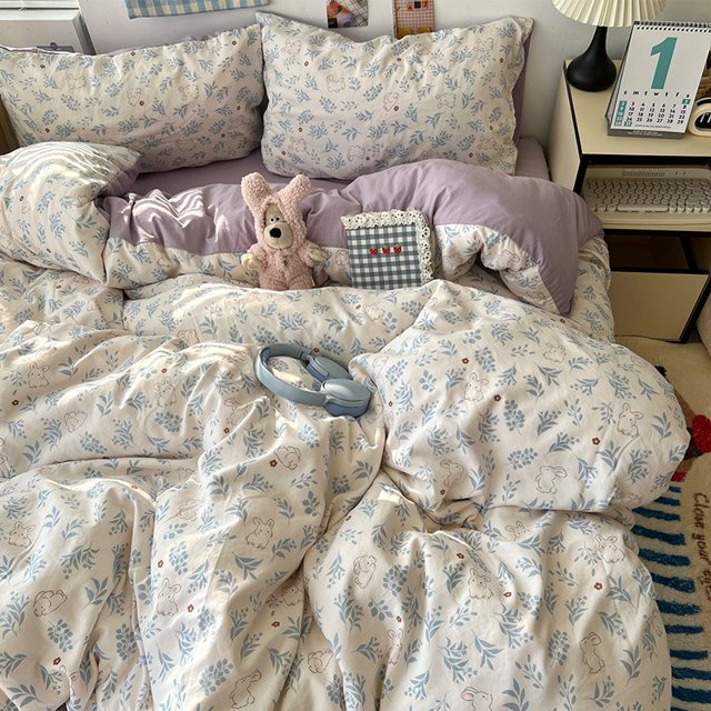 Double Print Waffle Cotton Bedding Set with Duvet Cover Pillowcases for Home