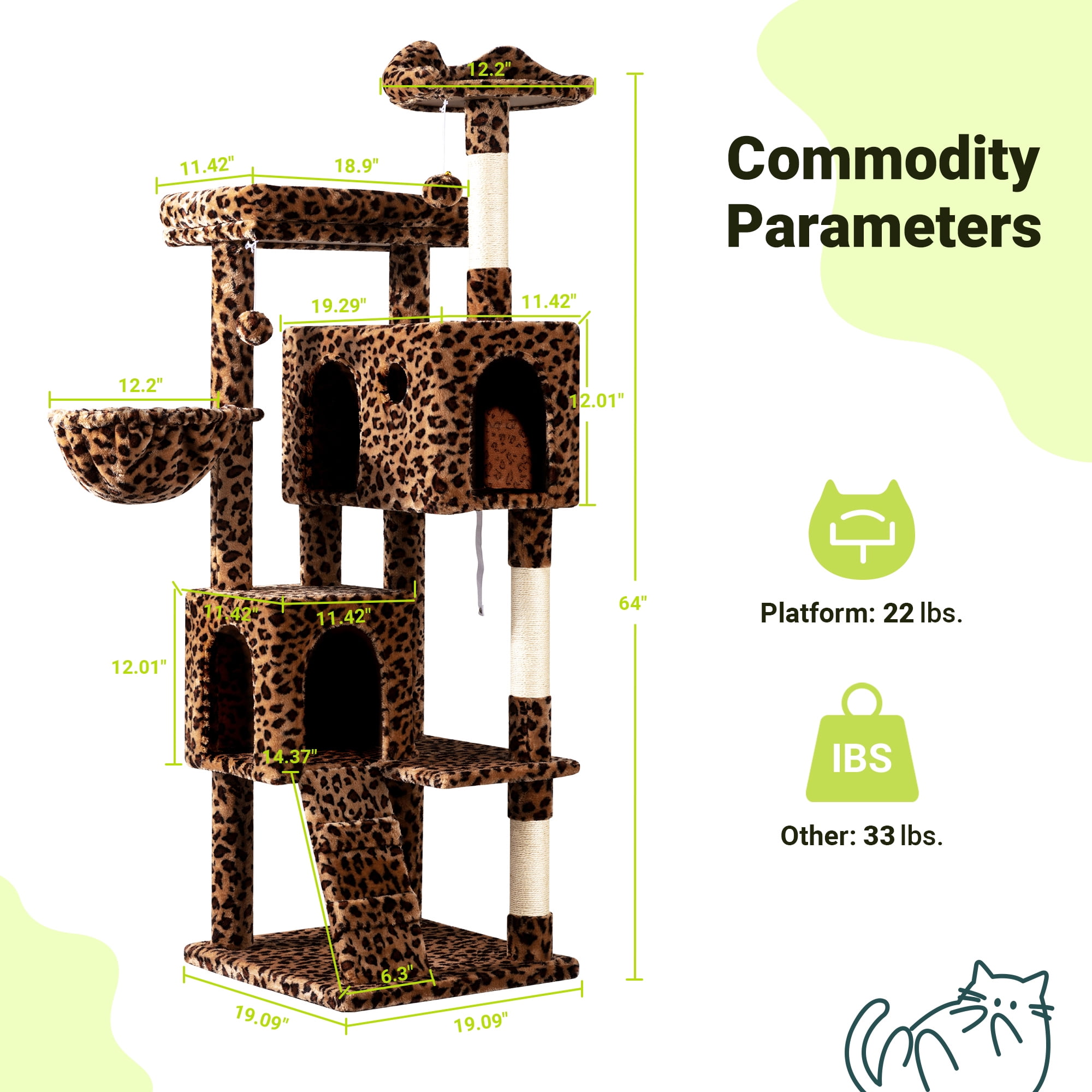 Allewie 64 Inches Cat Tree Tower, Multi-Level Activity Center for Indoor Big Felines, 2 Plush Condos, 2 Perchs, Basket, House, Sisal Scratching Posts, Hanging Cat Toys, Leopard Print