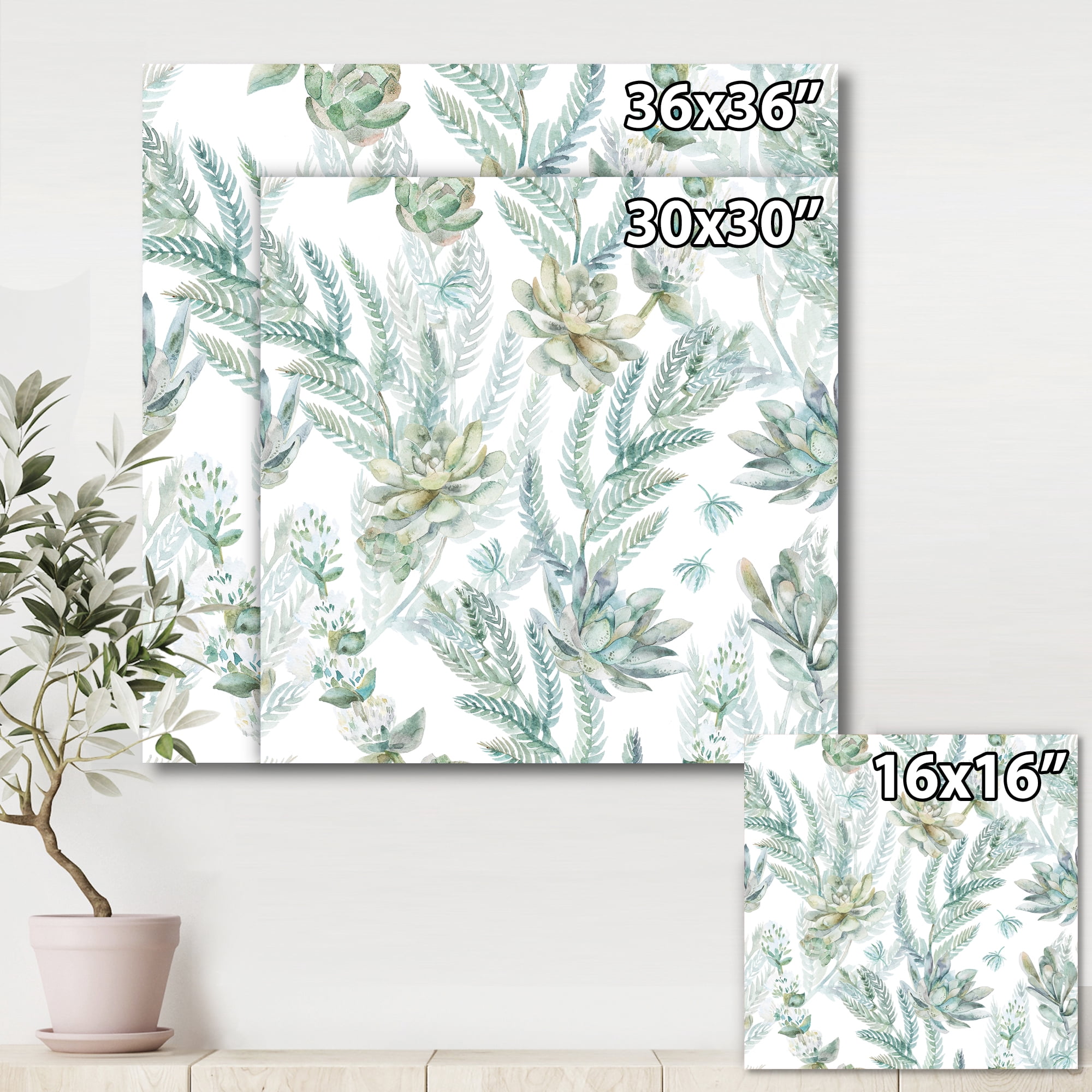 Designart ' Floral Seamless Pattern Succulents and Ferns Thorns ' Farmhouse Canvas Wall Art Print