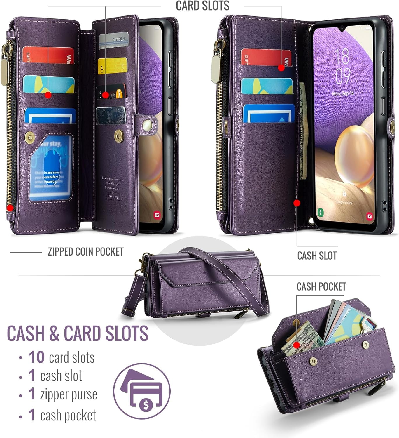 Phone Case for Samsung Galaxy A32 5G 2021 6.5 inch Zipper Wallet Cover with Tempered Glass Screen Protector Flip RFID Blocking Card Holder Cell M32 G5 A 32 32A S32 SM-A326U A326U Women Purple
