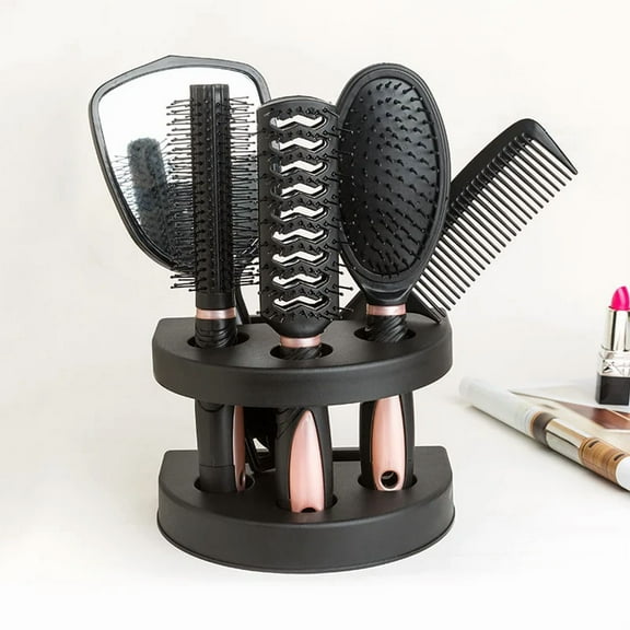 red 5 Pcs Salon Styling Set Women Travel Makeup Adults Hair Brush with Holder Home Portable Anti-Static Combs Mirror Tool