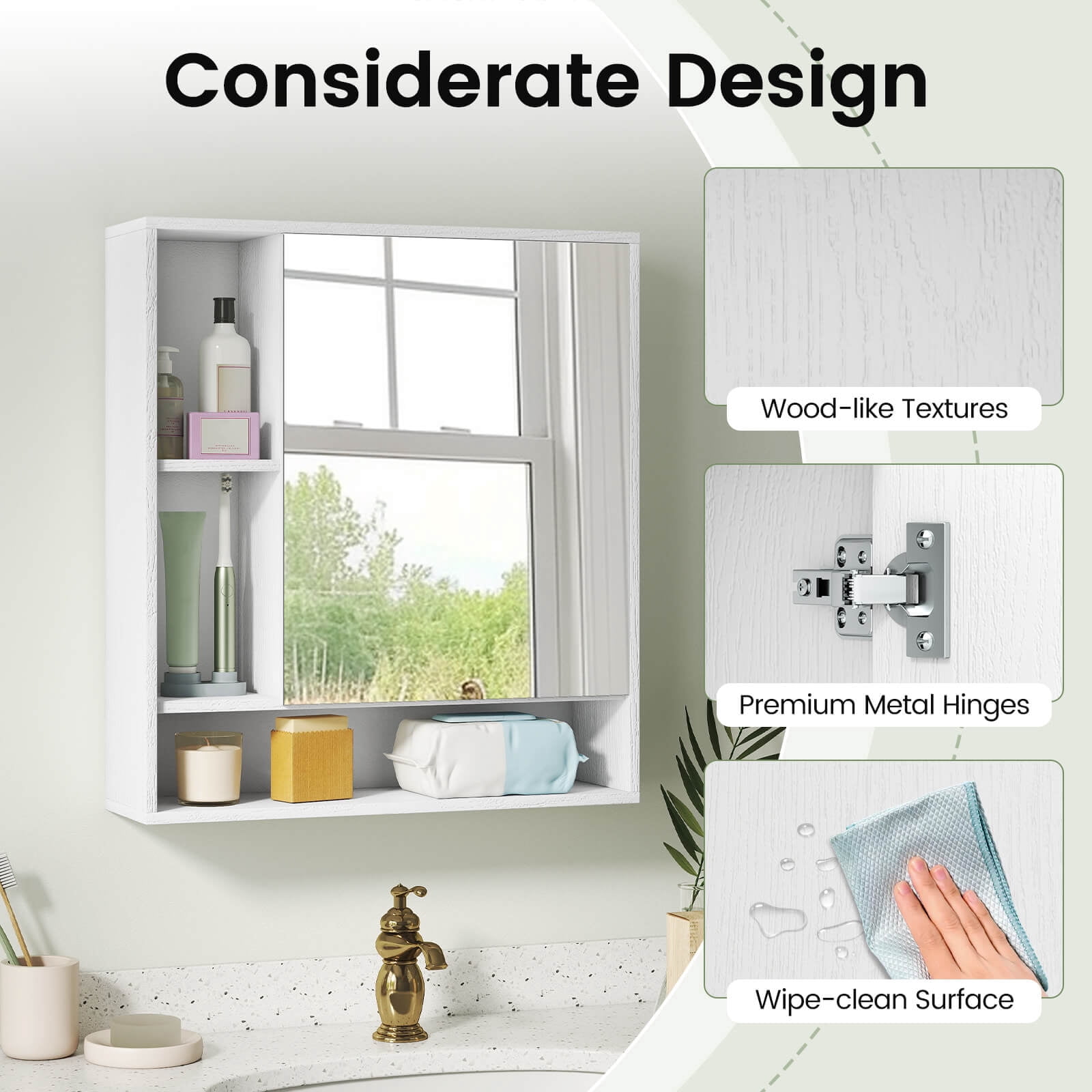Costway Bathroom Wall Cabinet with Mirror, Single Door, 3 Open Shelves & Adjustable Shelf White
