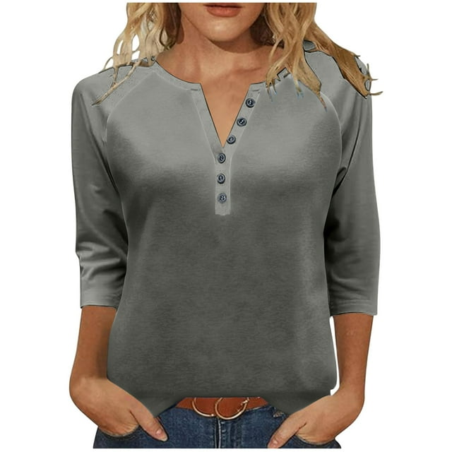 Chbgutlmr 3/4 Length Sleeve Womens Tops Notched V Neck Button Dressy Casual Solid Color Raglan Blouses