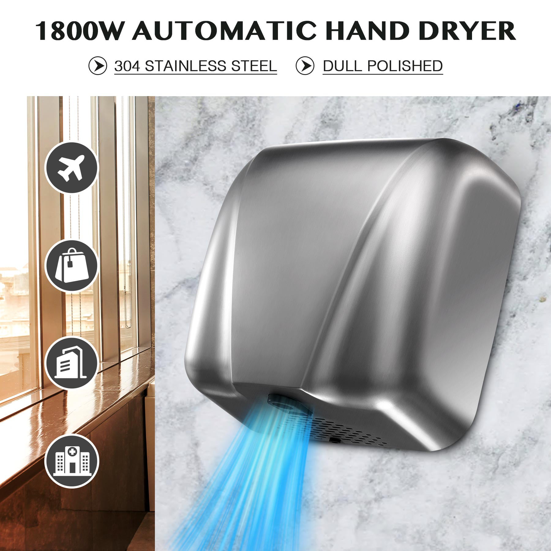 Dry Hands in 10s Electric Hand Dryer Machine Commercial for Bathroom Set of 4 Powerful 1800W Low Noise 70 dB Polished Stainless Steel 