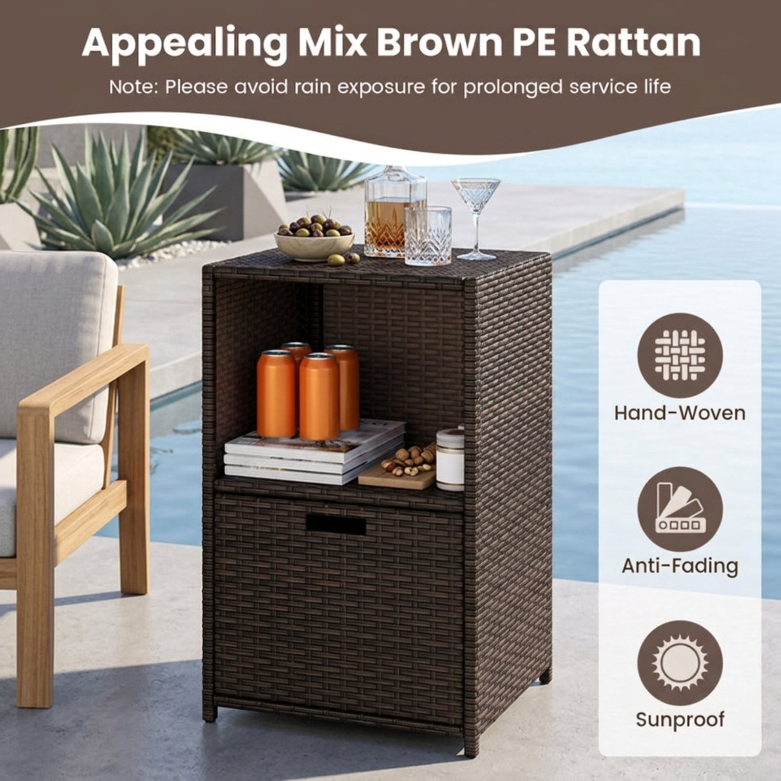 Biotree Outdoor Storage Cabinet with Drawer and 3 Shelves for Patio Porch Poolside Backyard, Brown