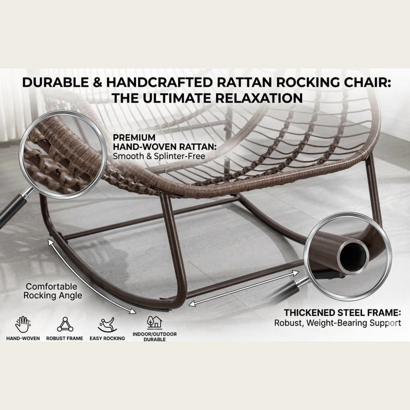 Howcool Patio Round Oversized Rocking Chair with Padded Cushion, Papasan Rattan Recliner Armless Chair