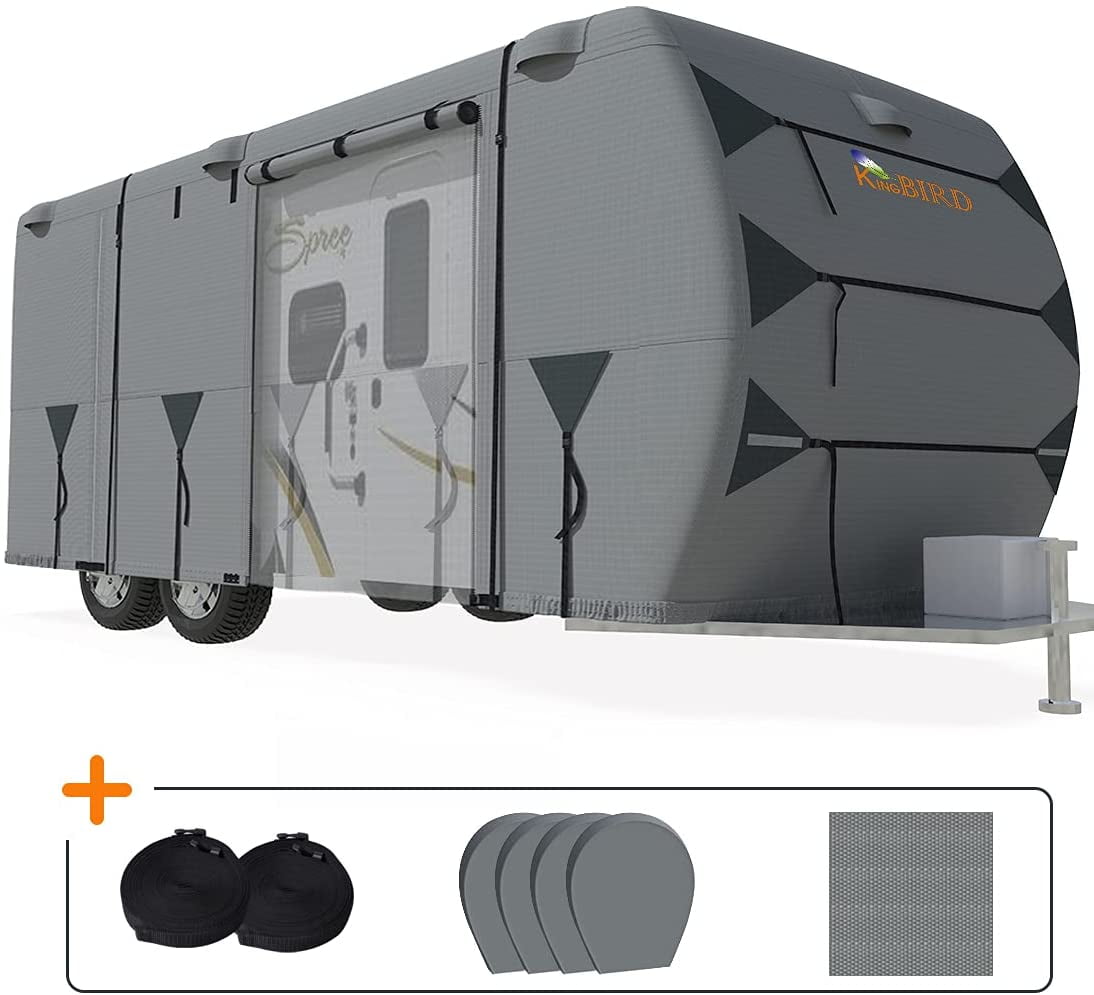 Anti-UV Top Panel Waterproof Breathable Rip-Stop Trailer Covers Fits for 24' OOFIT Upgraded 5 Layers Top Heavy Duty Travel Trailer RV Cover Camper Cover 27' for RVs with 2 Windproof Straps 