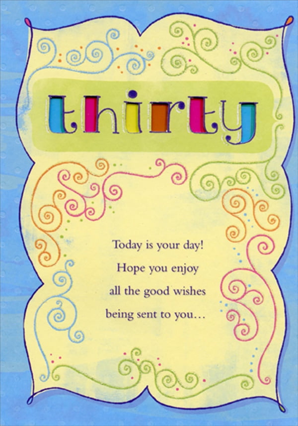 Designer Greetings Thirty: Colored Letters Die Cut Windows with Blue Border Age 30 / 30th Birthday Card