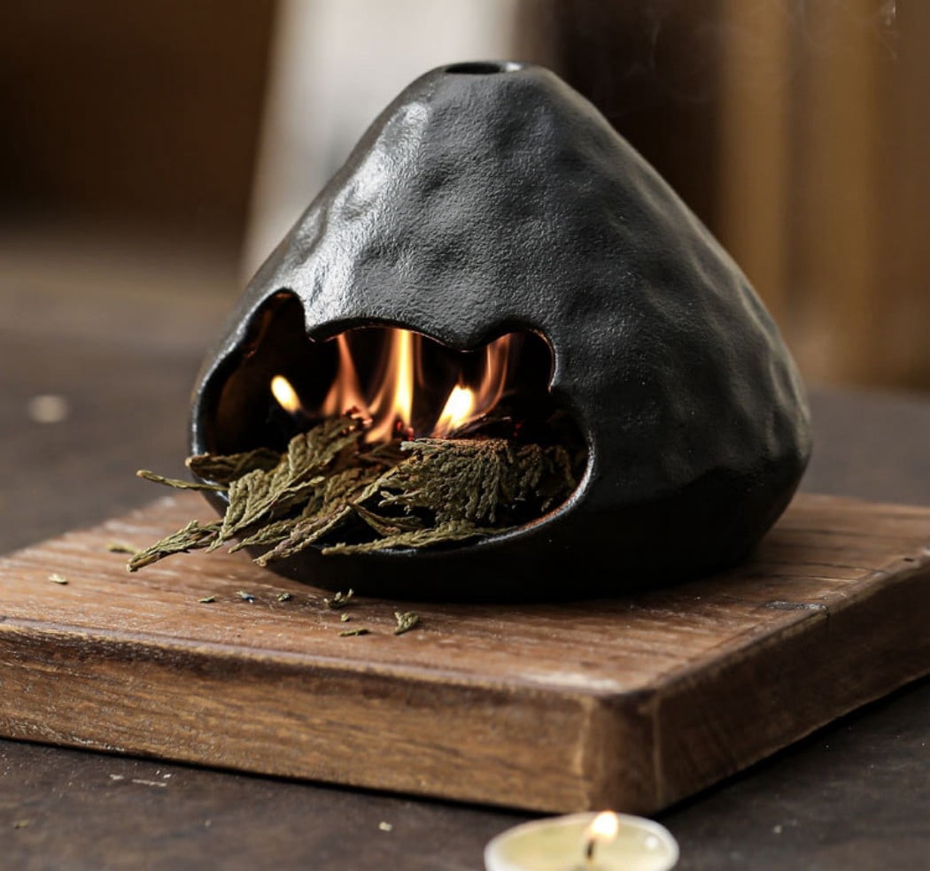 Matte Black Volcano Palo Santo Holder - Ceramic Incense Burner with Ash Catcher, Wabi-Sabi Style Palo Santo Holder Stick Holder for Smudging, Meditation, Yoga & Rustic Home Decor