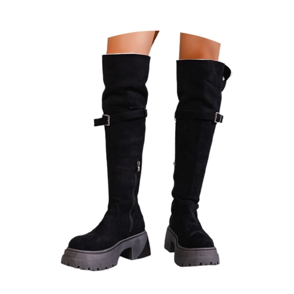 Women Over the Knee Boots Low Heel Winter Block Suede Thigh High Chunky OTK Long Comfort