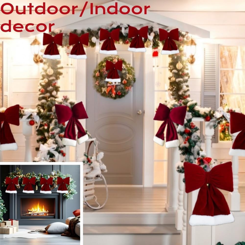 Dalrosia 6PCS Christmas Wine Red Bow Velvet Christmas Swag Bow Xmas Tree Hanging Decorations Christmas Bows Ornaments for Home Outdoor Indoor Party Fence Fireplace Stairs