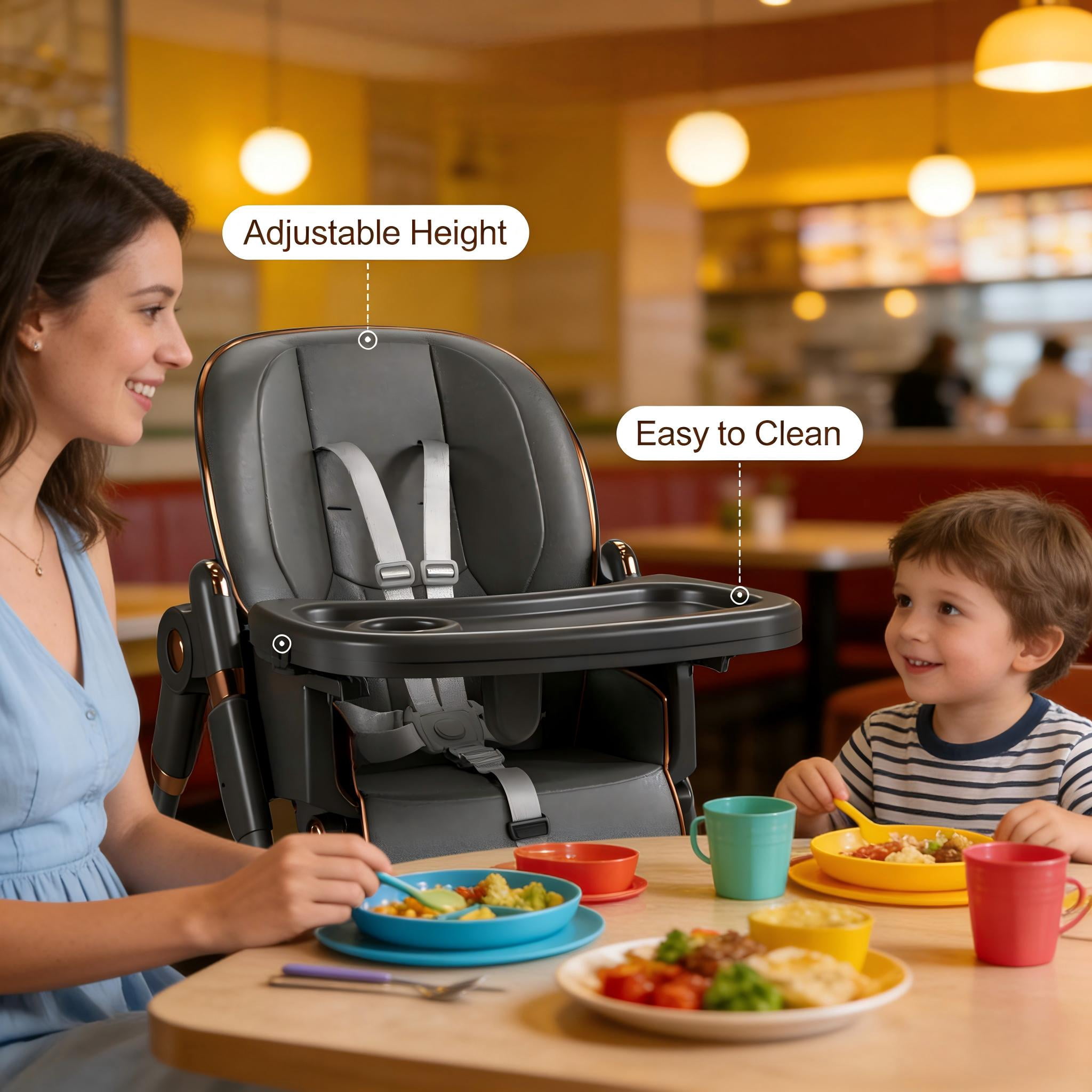 Cochildor Foldable High Chair for Babies & Toddlers, with 5 Point Harness, Tray, Foot Rest and Wheels, Gray