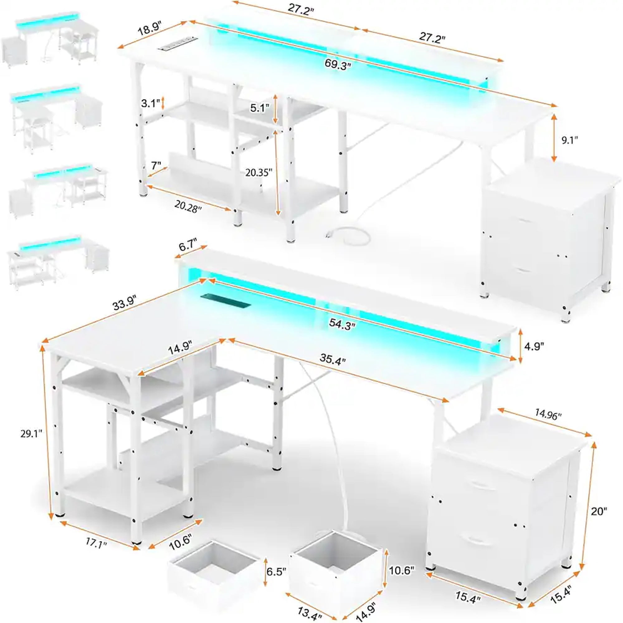 GTPLAYER L Shape Office Desk with File Drawers&Power Outlet, 69.3 Inch Reversible 2 Person Desk,Corner L Shape or Long Desk Set up,Monitor Stand &Storage Shelves, LED Lights &CPU Stand