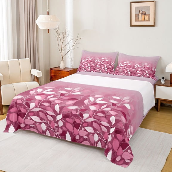 jejeloiu Pink White Leaves Twin Sheet Sets,Natural Botanical Twin Fitted Sheet,Modern Art Flat Sheet For Gitls Teens,Ultra Soft Home Decor,3-Piece