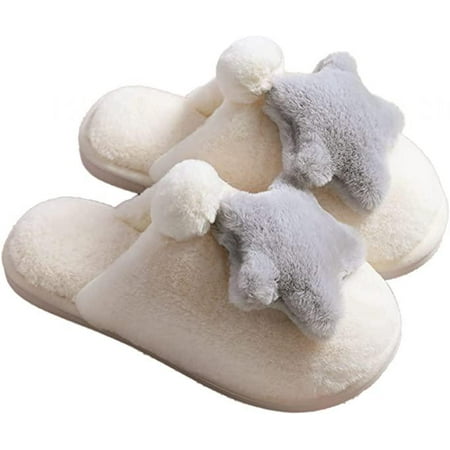 

shuwee Indoor Slippers for Women Starfish Decorate Memory Foam Plush Fleece Lined Outdoor Slippers Anti-Skid Spa Durable Faux Fur Soft Relax