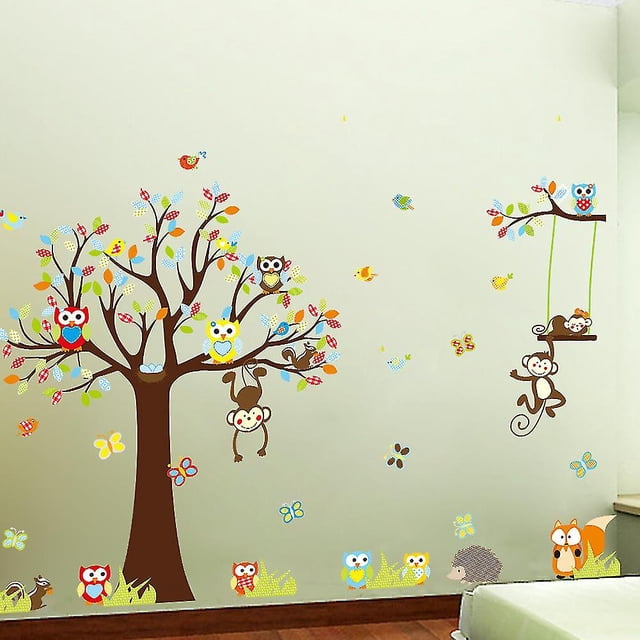 Rainbow Fox Cartoon Forest Animal Monkey Pegatinas de pared Murales Búhos columpiándose en el árbol Nursery Pegatinas de pared Diy Posters Vinilo Extraíble Arte Tatuajes de pared p