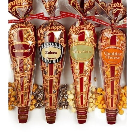 Popcornopolis Gourmet Popcorn - 4 Cones - White Cheddar, Zebra, Caramel & Kettle - Small Storage Space Friendly & Great Stocking