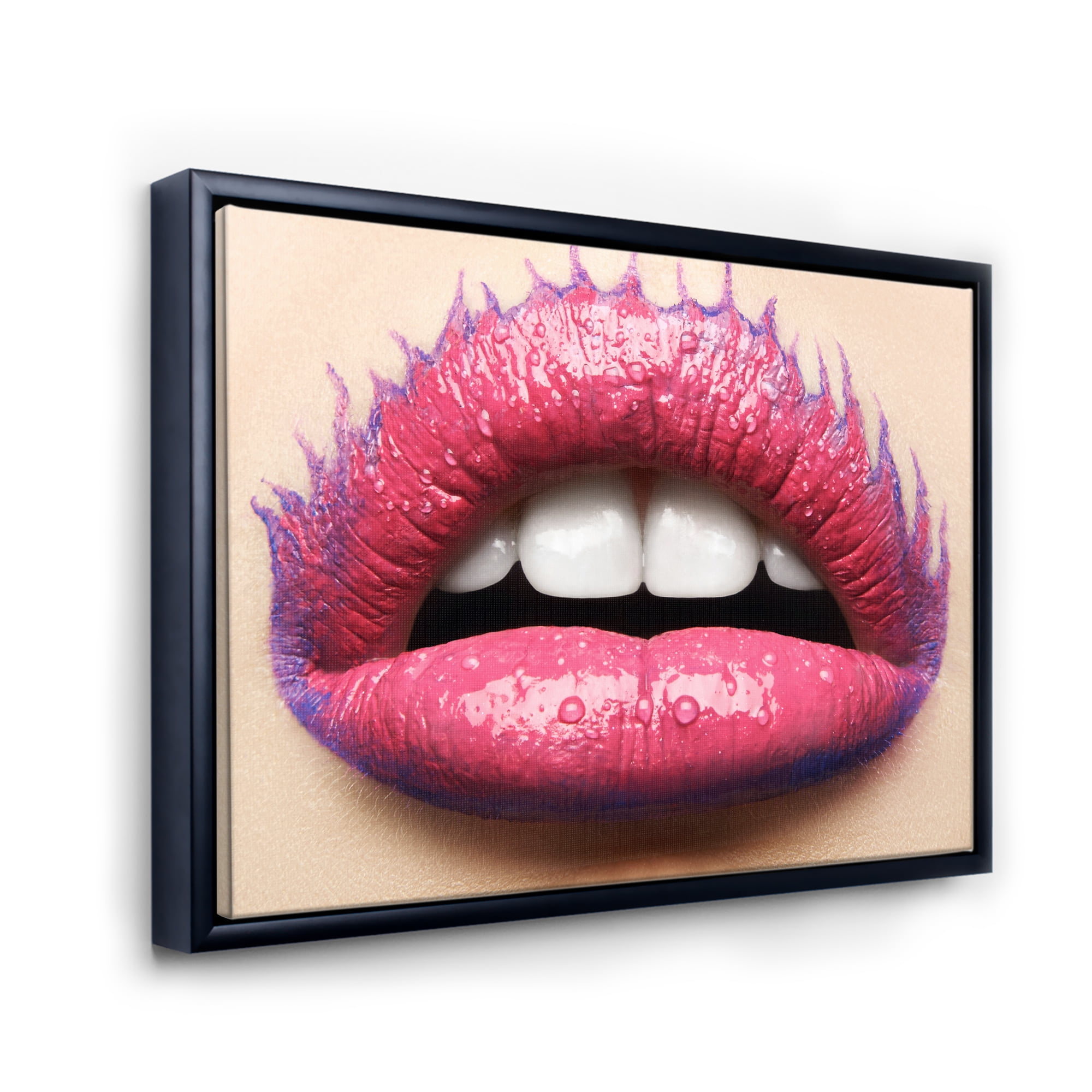 Designart 'Beautiful Woman Lips With Pink Lipstick' Modern Framed Canvas Wall Art Print