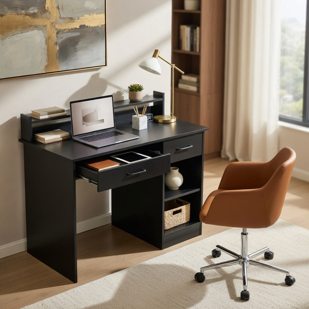 Topcobe Study Laptop Table with Drawer and Keyboard Tray, Desks for Bedrooms, Ideal for Working and Studying, Black