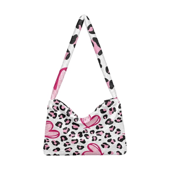 DIXRUYEE Pink Leopard Heart Print Plush Shoulder Bag Soft Faux Fluffy Hobo Tote Bag With Zipper Closure Casual Lightweight Crossbody Handbag