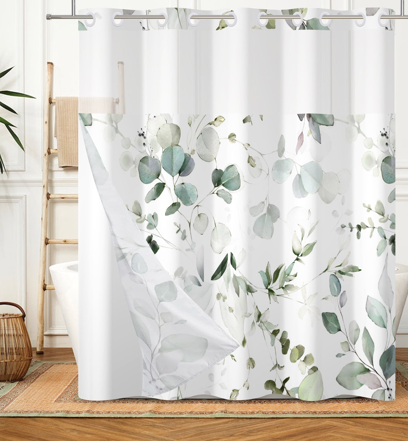 Mizhona Green Hookless Shower Curtain with Snap in Liner Summer Leaves Fabric No Hook Bathroom Curtain with Liner,71"x74"