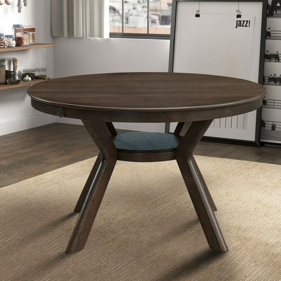 PORKISS 47" Round Dining Table for 4 People, Coffee Table, Modern Farmhouse Wooden Kitchen Table with Storage Shelf, Living Room, Brown (Chairs Not Included)