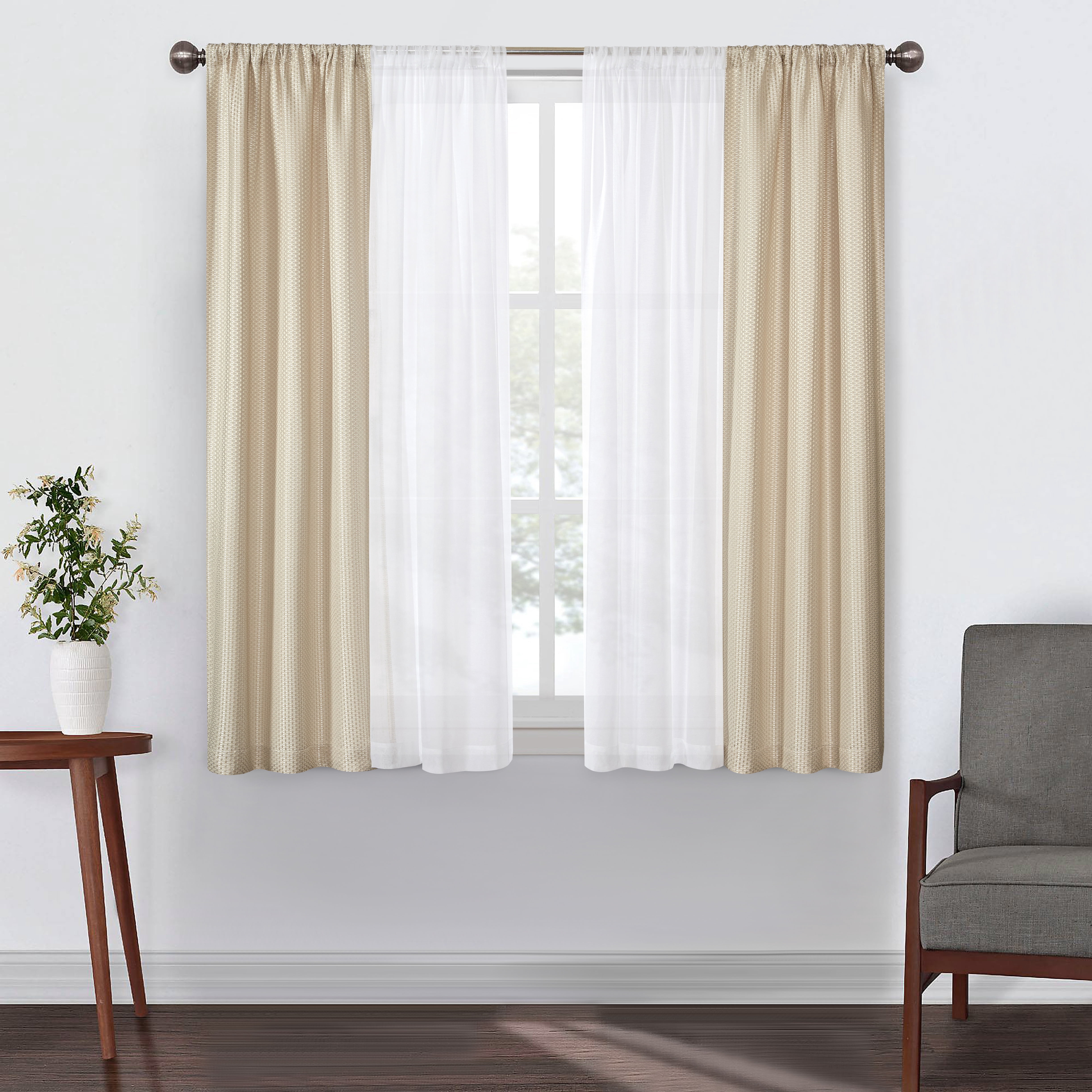 Better Homes & Gardens 4 Piece Beige Open Stitch & Solid Curtain & Sheer Panel Set, Beige, 74x84