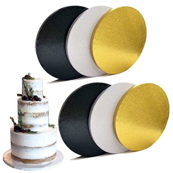 14 Inch Round Cake Drums, 6 Packs Greaseproof Cake Drum in Gold Black White Assorted Color Cake Base, Cardboard Cake Boards for Presenting Heavy/Tall Tiered Cakes, Base para Pastel