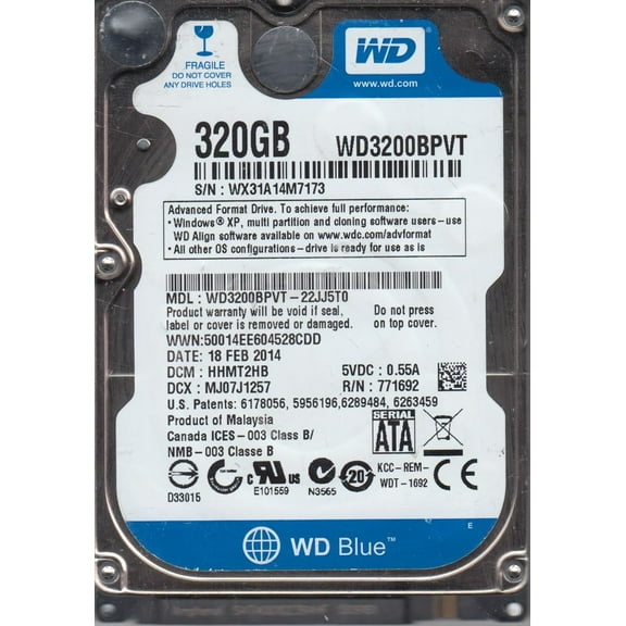 WD3200BPVT-22JJ5T0, DCM HHMT2HB, Western Digital 320GB SATA 2.5 Hard Drive