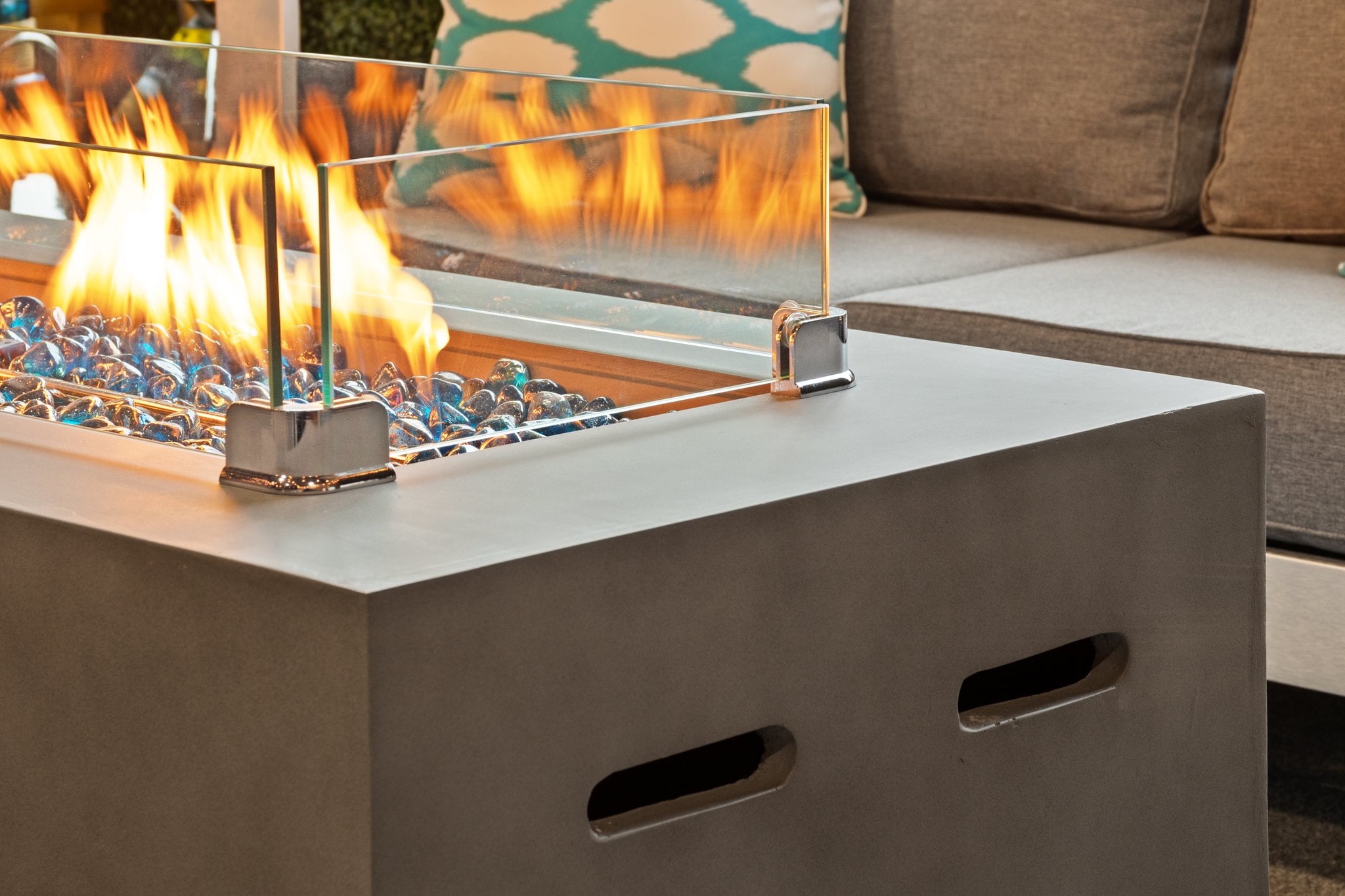 60" Rectangular Concrete Smokeless Fire Pit for Patio, Table with Glass Guard and Crystals in Gray (Amber)